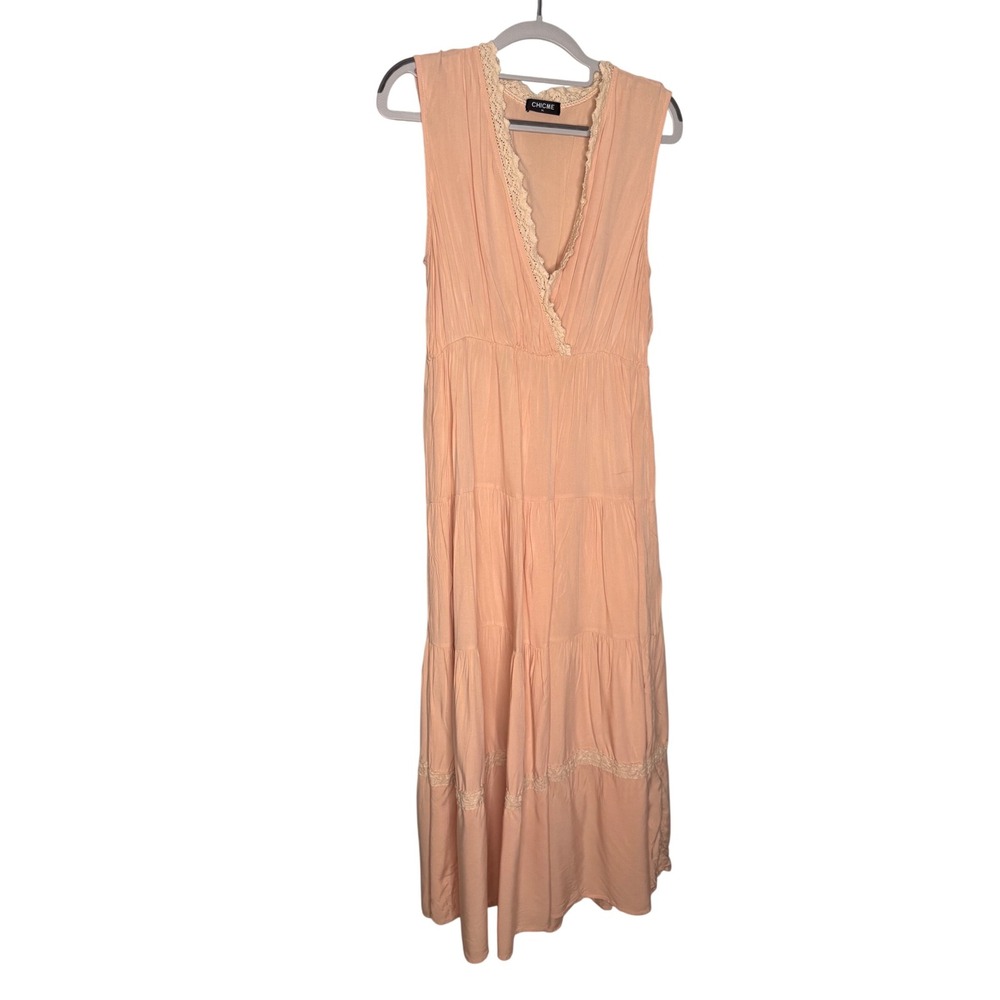 Chicme tiered lace crochet peach prairie maxi dress cottagecore